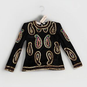 Laurence Kazar Sequin Beaded Long Sleeve Top Sz PP Black VTG NWT
